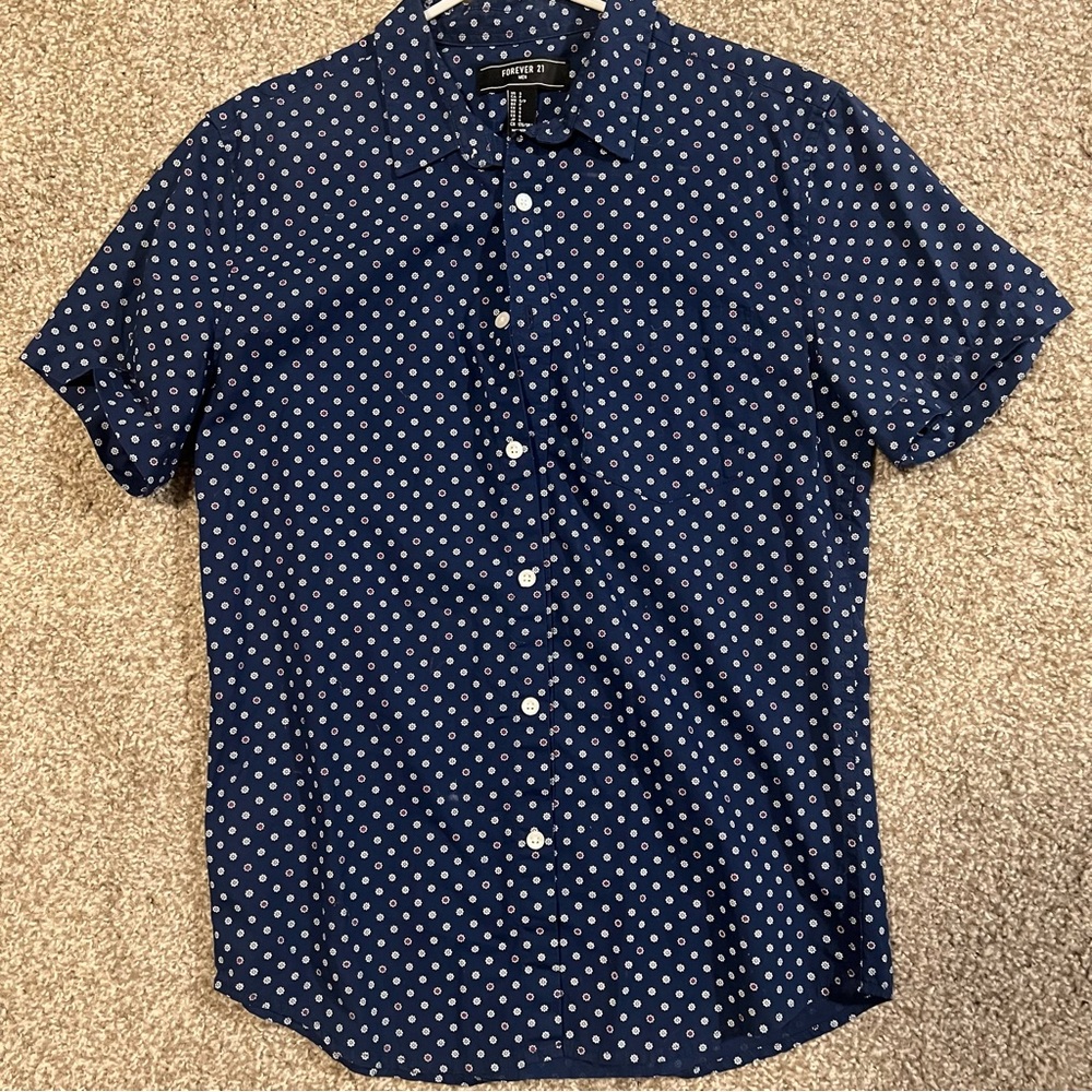 Men’s Button Up Polo Shirt, Blue with White and Red pattern